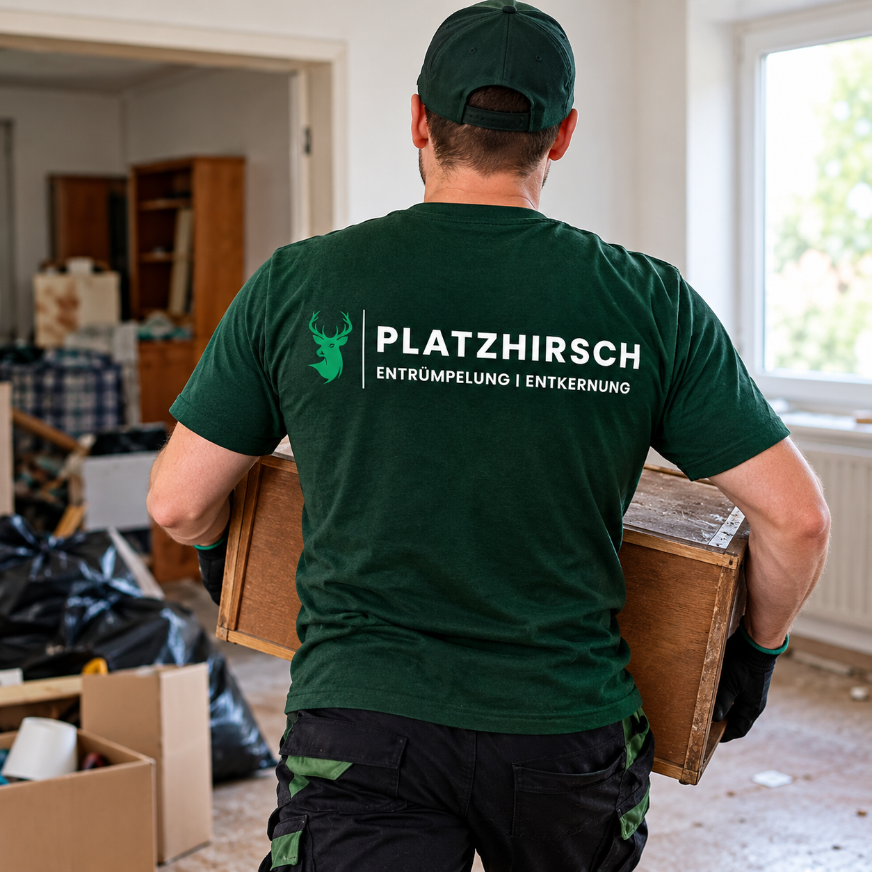 Platzhirsch Mitarbeiter trägt Möbel aus einer Wohnung bei der Entrümpelung in Vechta